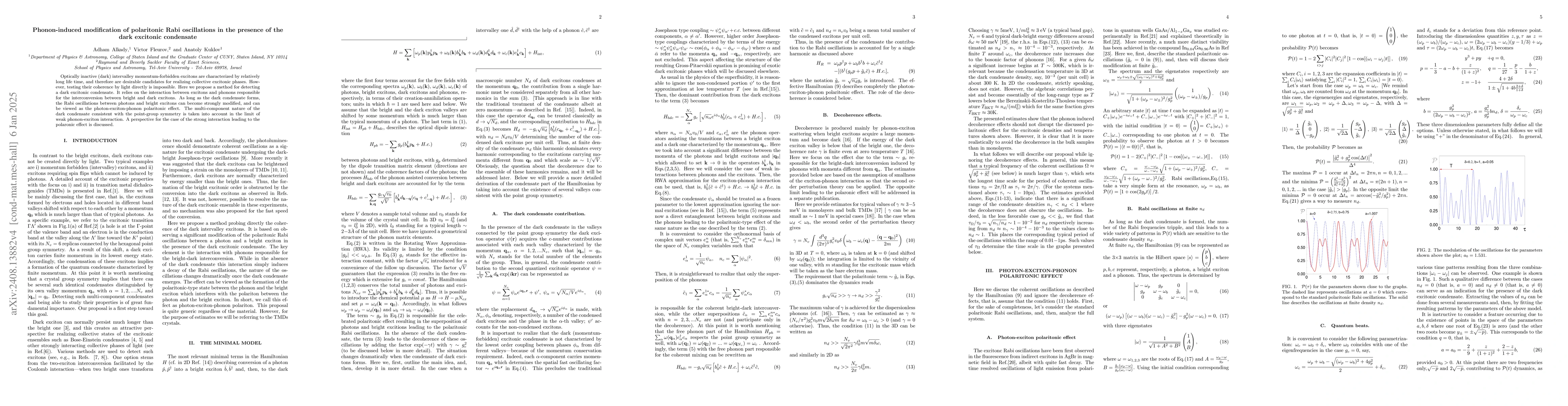 Thumbnail for Phonon-induced modification of polaritonic Rabi oscillations in the
  presence of the dark excitonic condensate