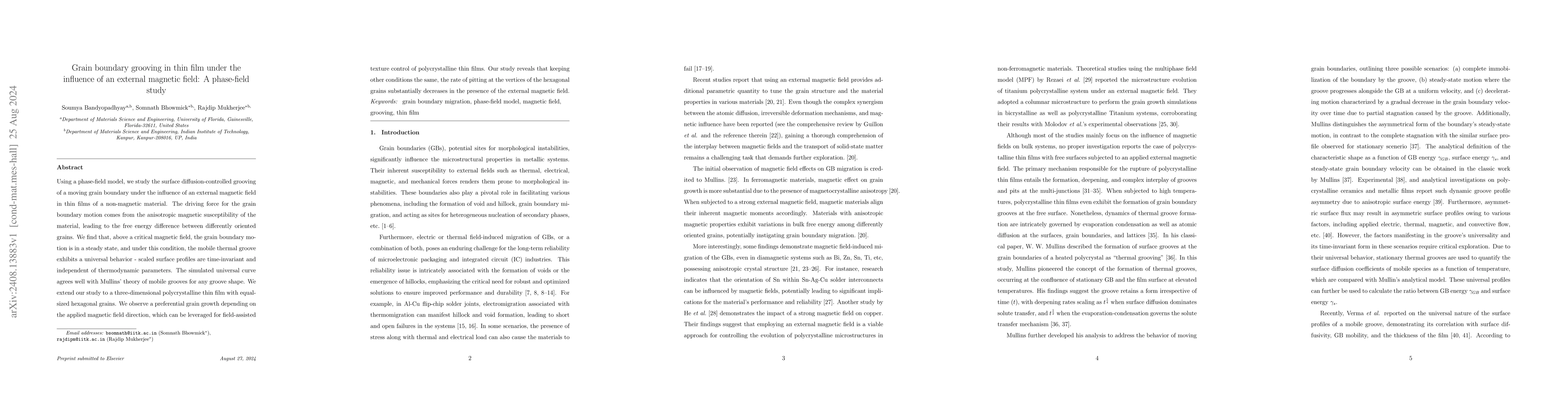 Thumbnail for Grain boundary grooving in thin film under the influence of an external
  magnetic field: A phase-field study
