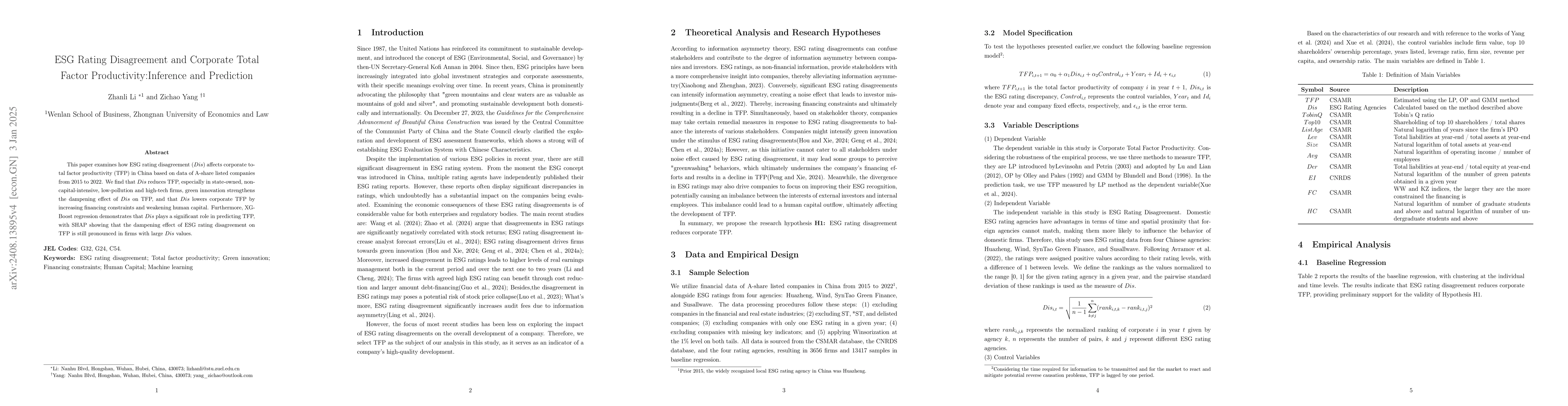 Thumbnail for ESG Rating Disagreement and Corporate Total Factor
  Productivity:Inference and Prediction