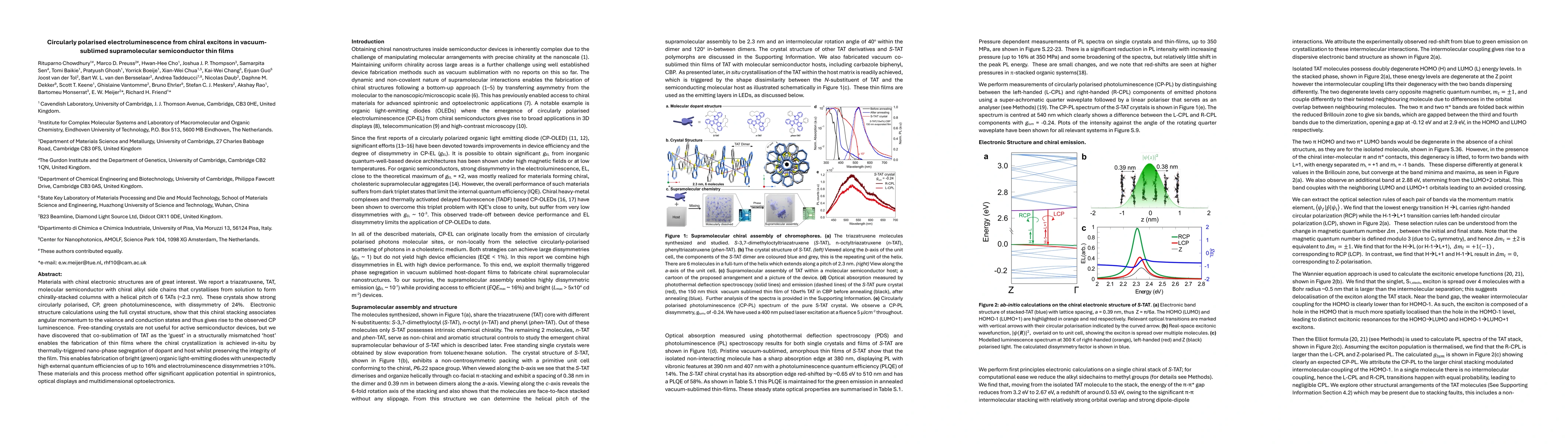 Thumbnail for Circularly polarised electroluminescence from chiral excitons in
  vacuum-sublimed supramolecular semiconductor thin films