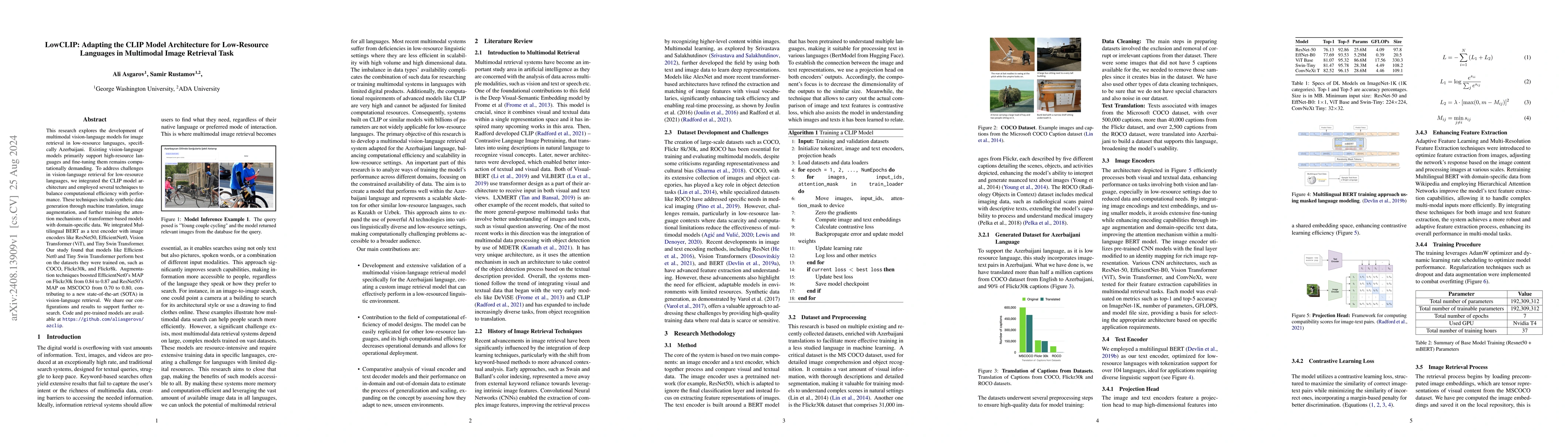 Thumbnail for LowCLIP: Adapting the CLIP Model Architecture for Low-Resource Languages
  in Multimodal Image Retrieval Task