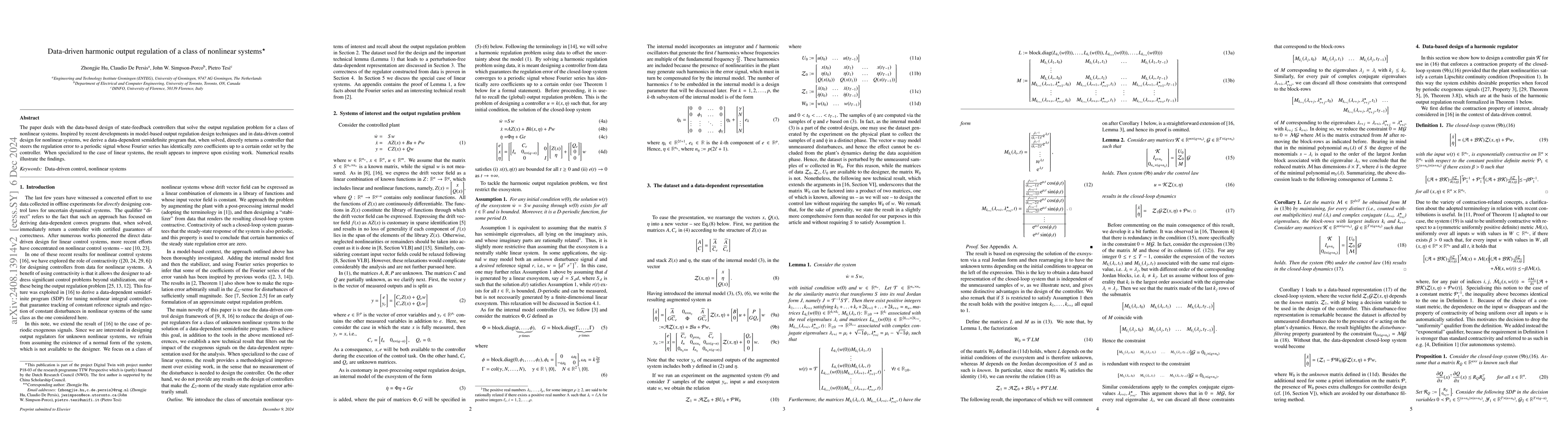 Thumbnail for Data-driven harmonic output regulation of a class of nonlinear systems