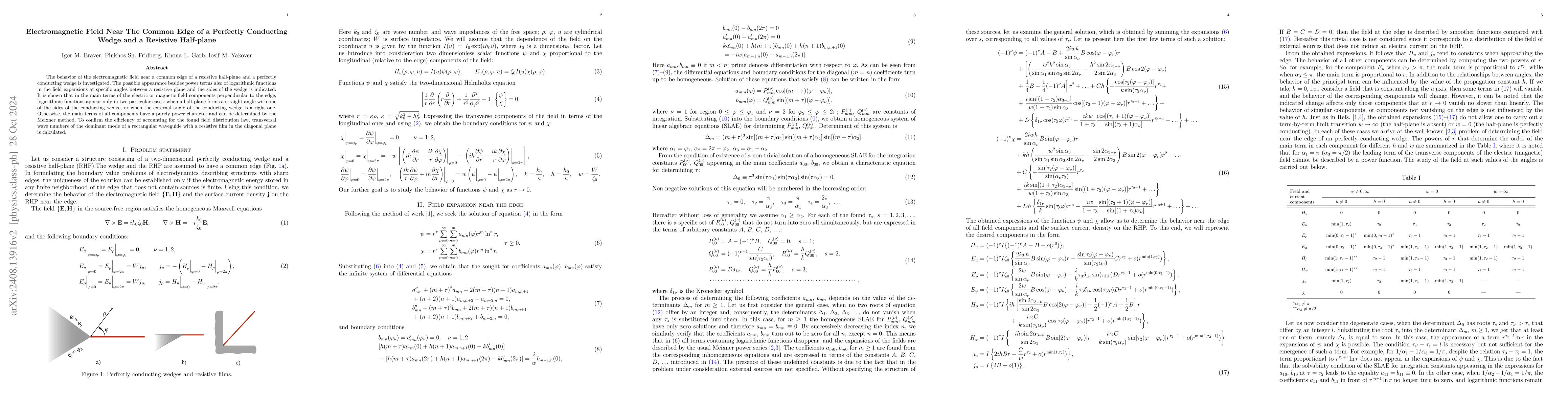 Thumbnail for Electromagnetic field near the common edge of a perfectly conducting
  wedge and a resistive half-plane