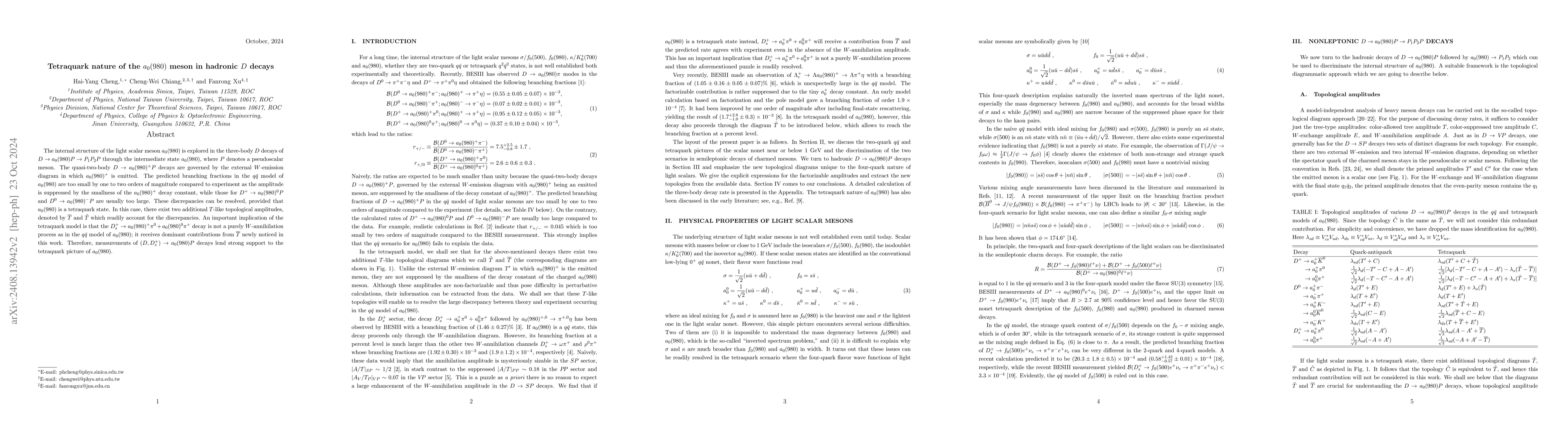 Thumbnail for Tetraquark nature of the $a_0(980)$ meson in hadronic $D$ decays