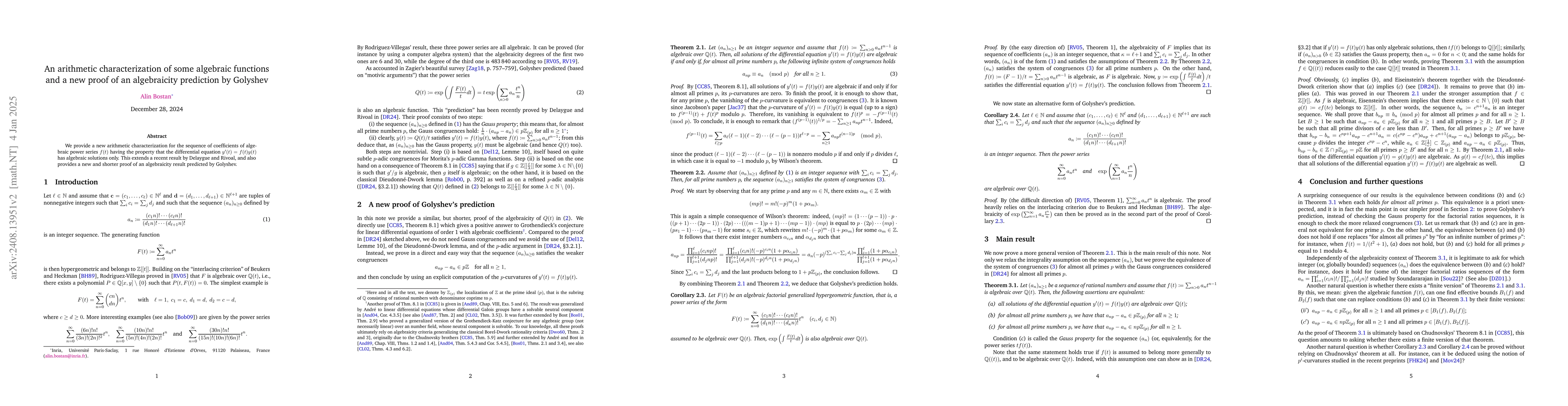 Thumbnail for An arithmetic characterization of some algebraic functions and a new
  proof of an algebraicity prediction by Golyshev