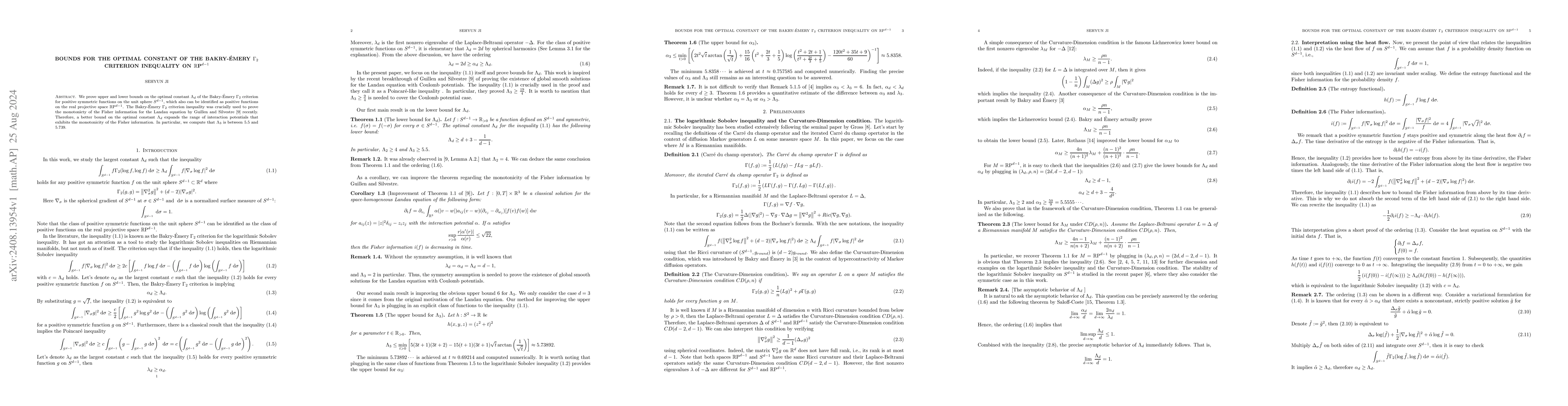Thumbnail for Bounds for the optimal constant of the Bakry-Émery $Γ_2$
  criterion inequality on $ RP^{d-1}$