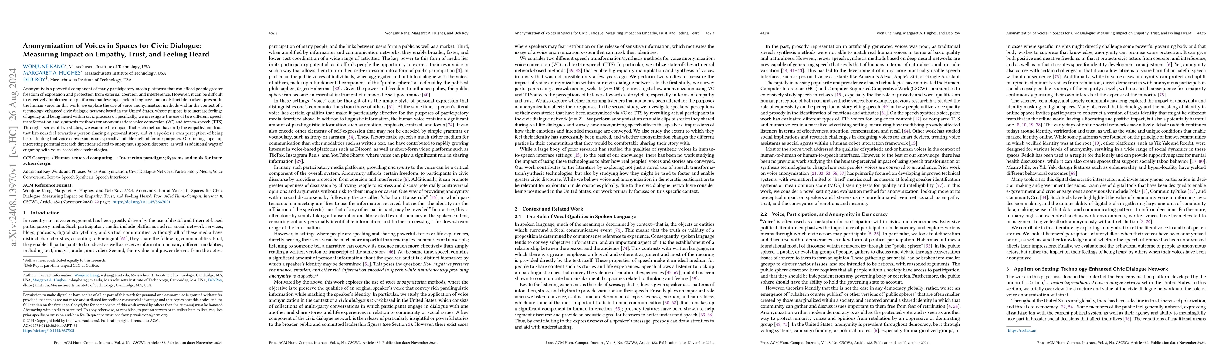 Thumbnail for Anonymization of Voices in Spaces for Civic Dialogue: Measuring Impact
  on Empathy, Trust, and Feeling Heard