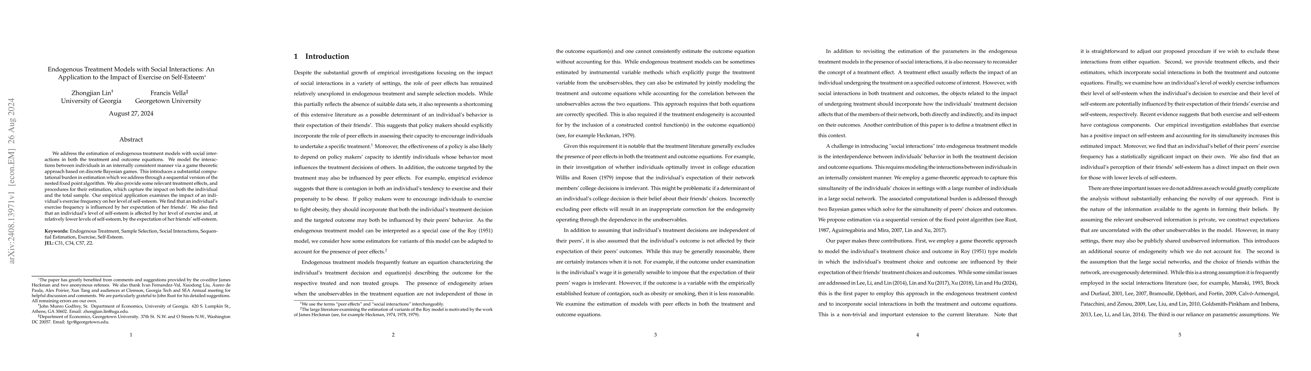 Thumbnail for Endogenous Treatment Models with Social Interactions: An Application to
  the Impact of Exercise on Self-Esteem