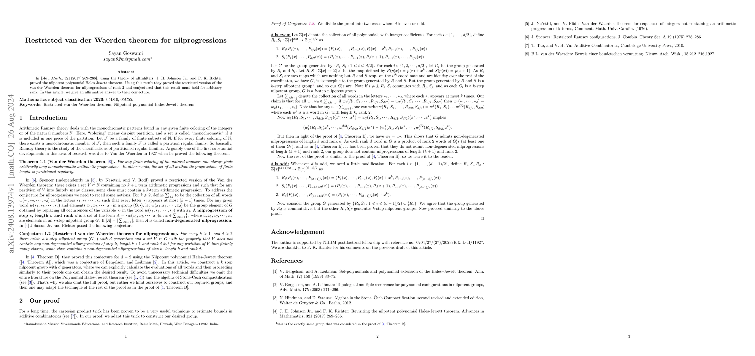 Thumbnail for Restricted van der Waerden theorem for nilprogressions