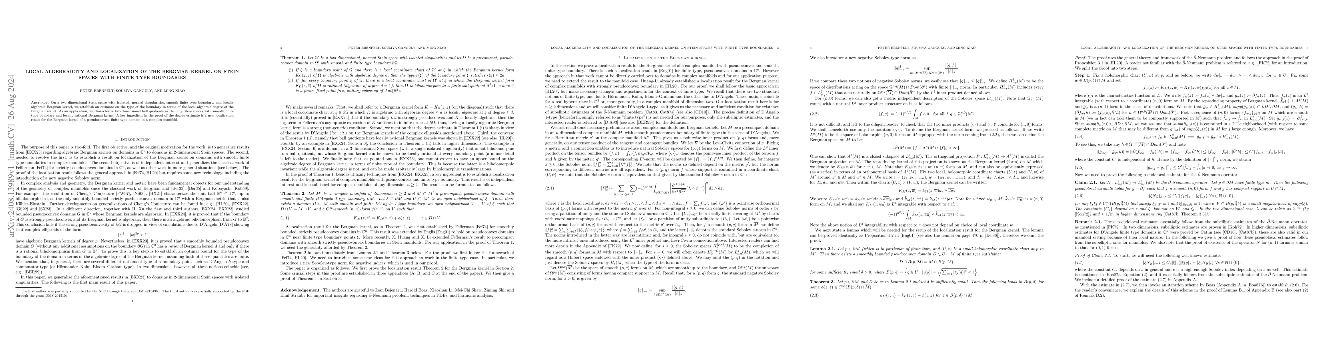 Thumbnail for Local algebraicity and localization of the Bergman kernel on Stein
  spaces with finite type boundaries