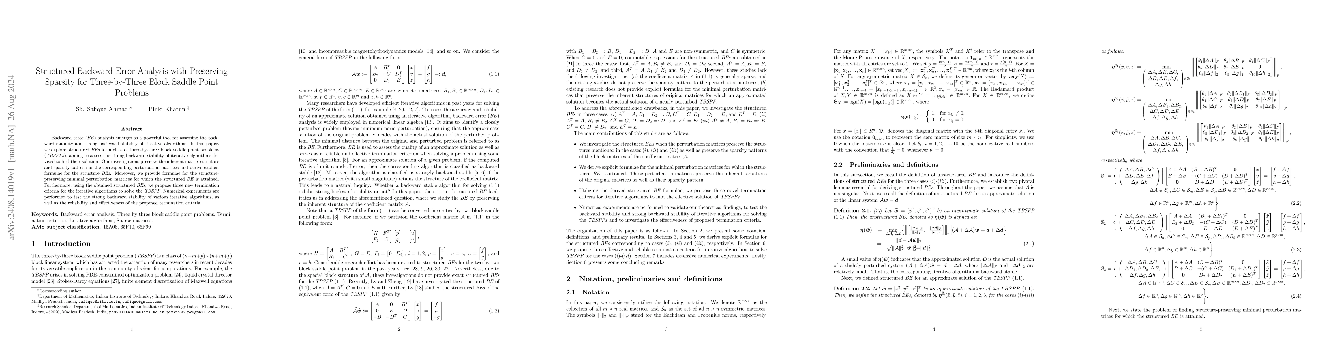 Thumbnail for Structured Backward Error Analysis with Preserving Sparsity for
  Three-by-Three Block Saddle Point Problems