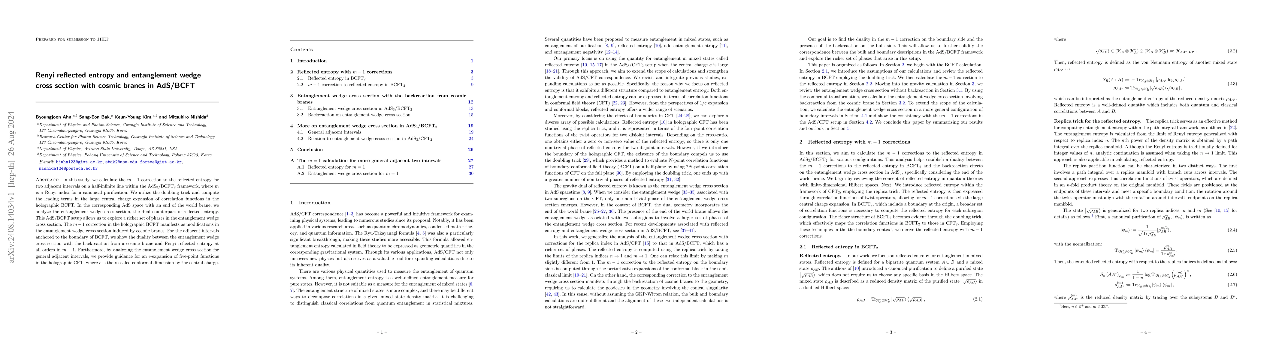 Thumbnail for Renyi reflected entropy and entanglement wedge cross section with cosmic
  branes in AdS/BCFT