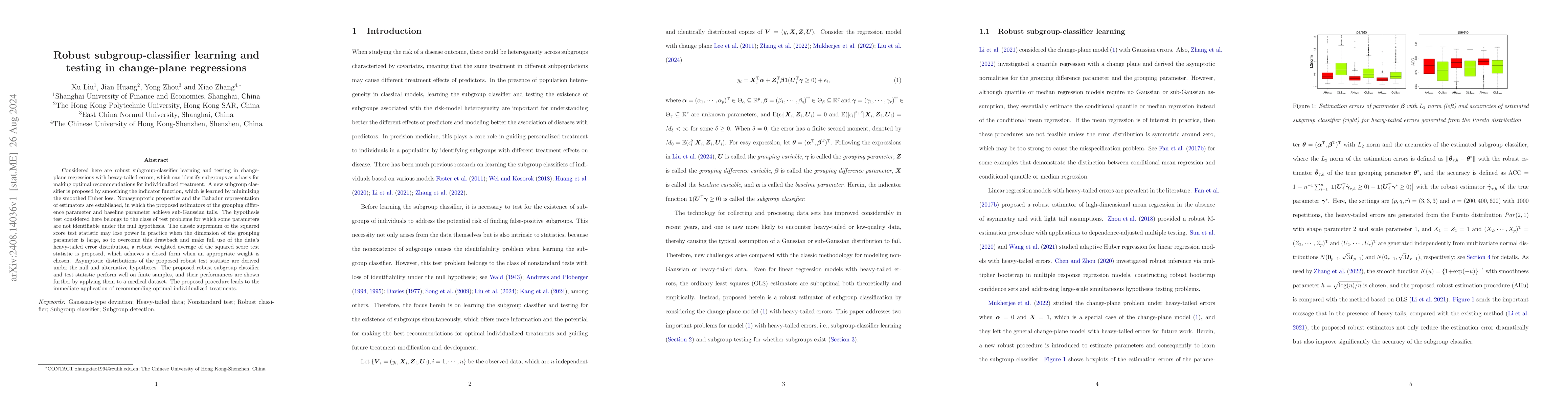 Thumbnail for Robust subgroup-classifier learning and testing in change-plane
  regressions