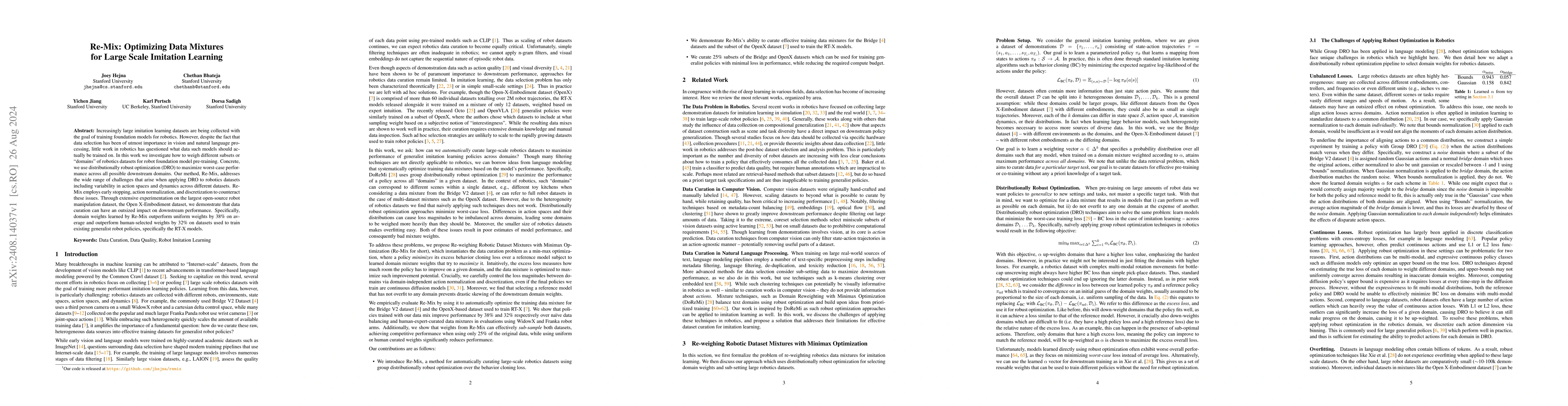 Thumbnail for Re-Mix: Optimizing Data Mixtures for Large Scale Imitation Learning