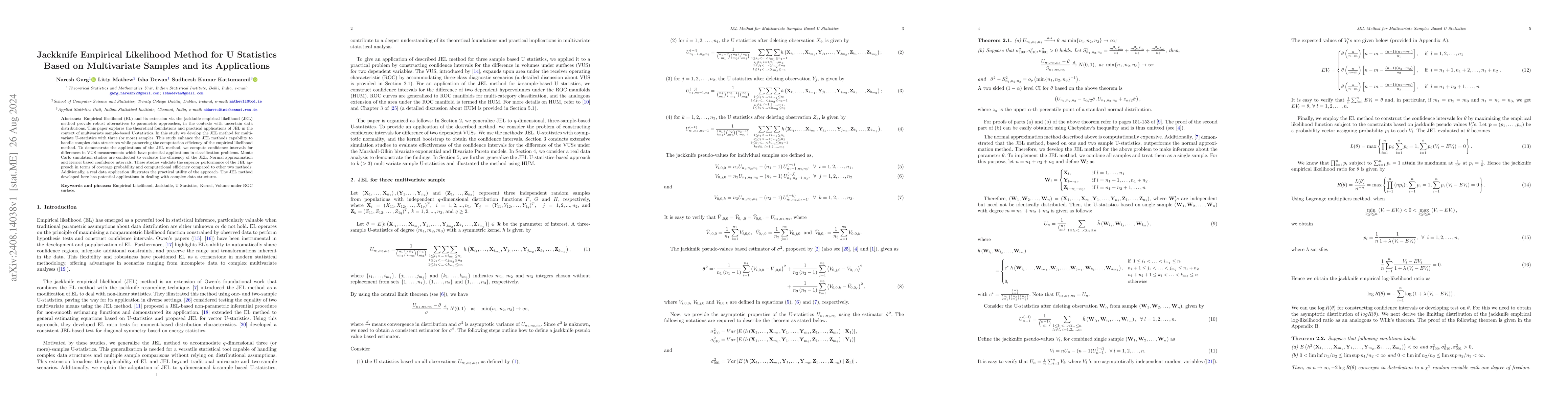 Thumbnail for Jackknife Empirical Likelihood Method for U Statistics Based on
  Multivariate Samples and its Applications
