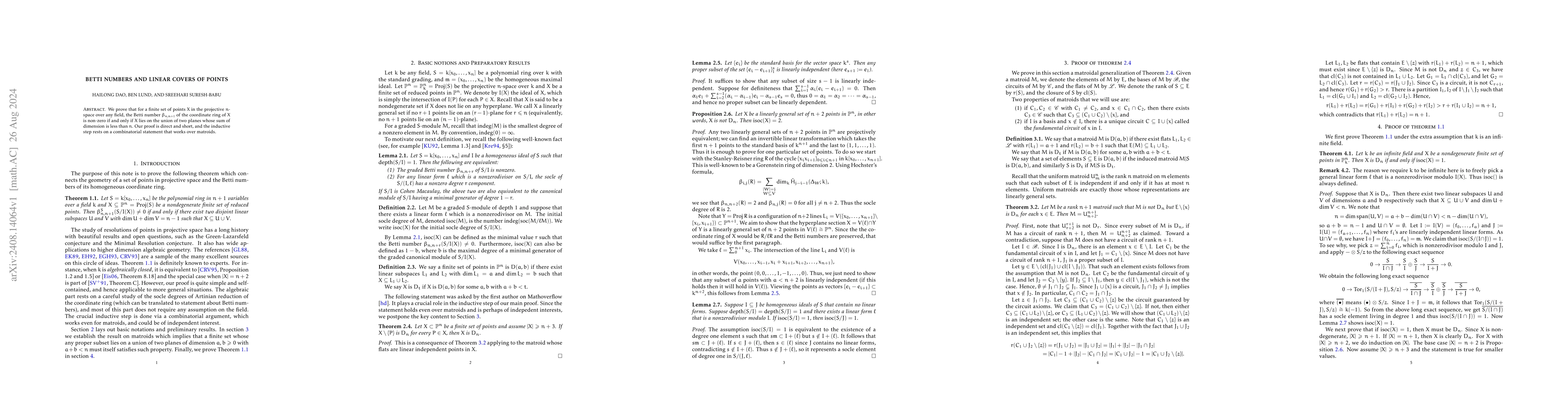 Thumbnail for Betti numbers and linear covers of points