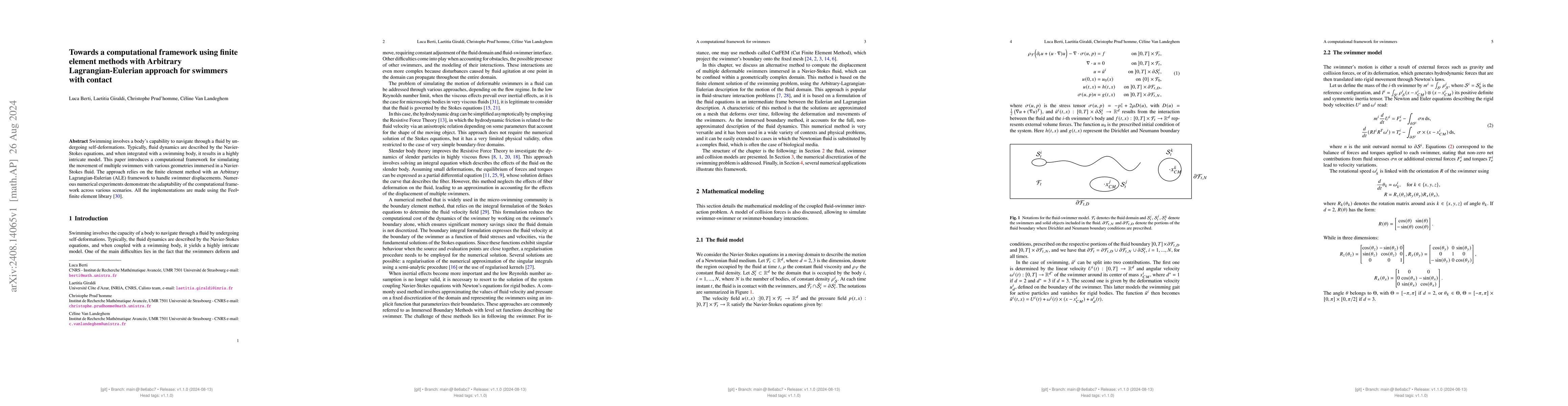 Thumbnail for Towards a computational framework using finite element methods with
  Arbitrary Lagrangian-Eulerian approach for swimmers with contact