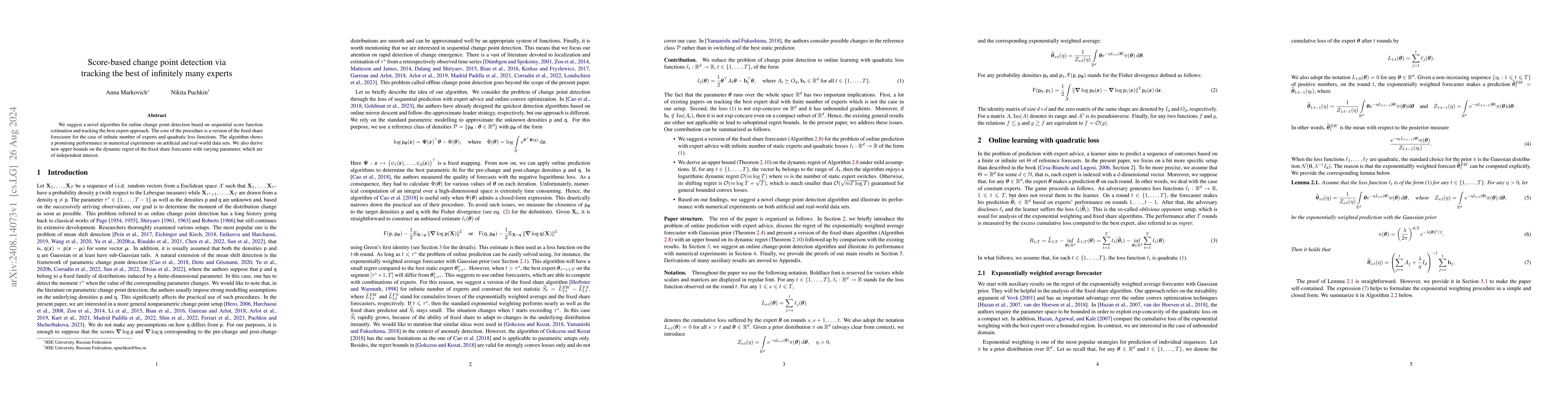 Thumbnail for Score-based change point detection via tracking the best of infinitely
  many experts