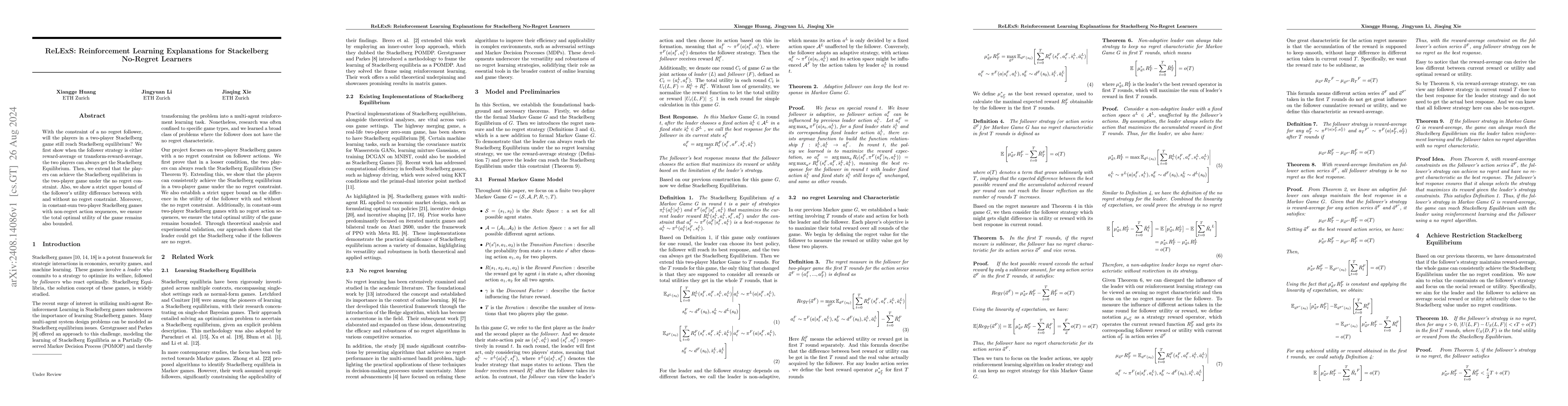 Thumbnail for ReLExS: Reinforcement Learning Explanations for Stackelberg No-Regret
  Learners