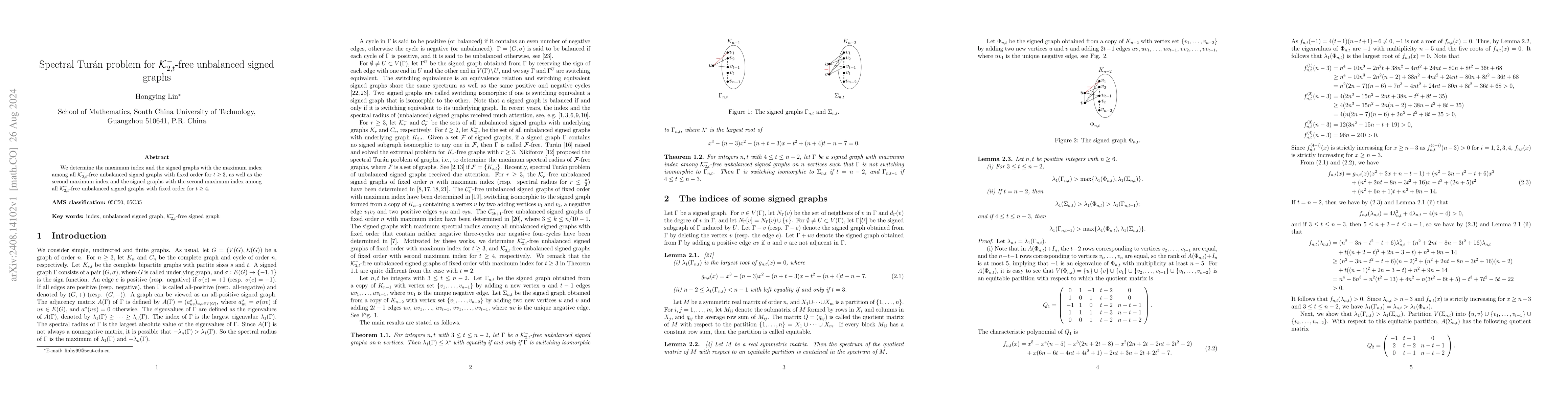 Thumbnail for Spectral TurĂĄn problem for $\mathcal{K}_{2,t}^-$-free unbalanced
  signed graphs