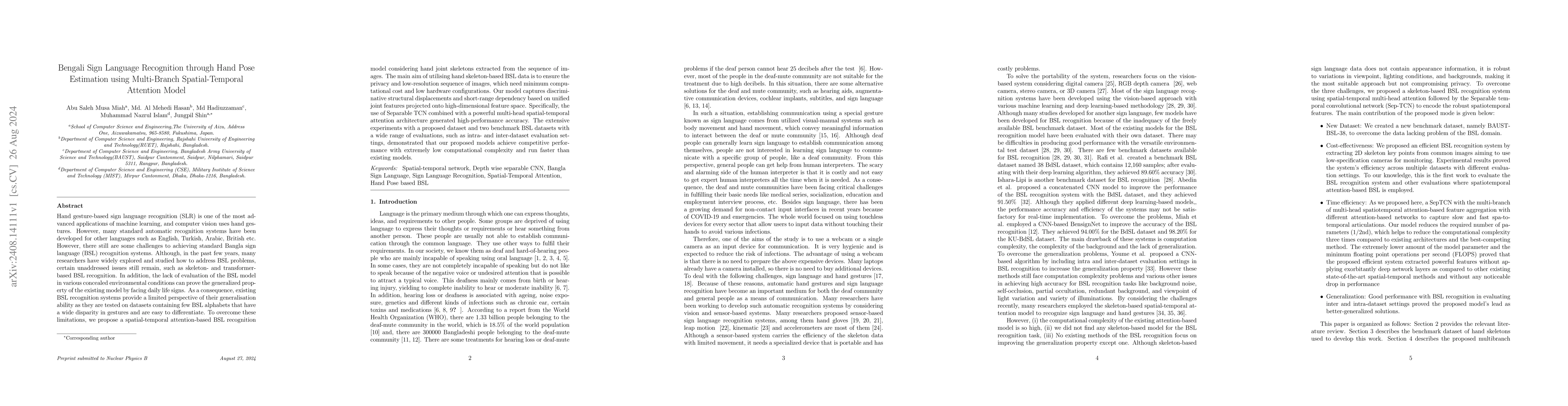 Thumbnail for Bengali Sign Language Recognition through Hand Pose Estimation using
  Multi-Branch Spatial-Temporal Attention Model