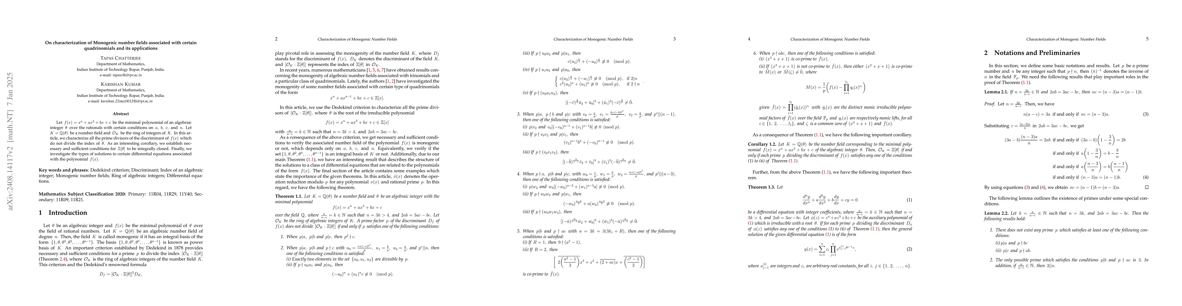 Thumbnail for On characterization of Monogenic number fields associated with certain
  quadrinomials and its applications