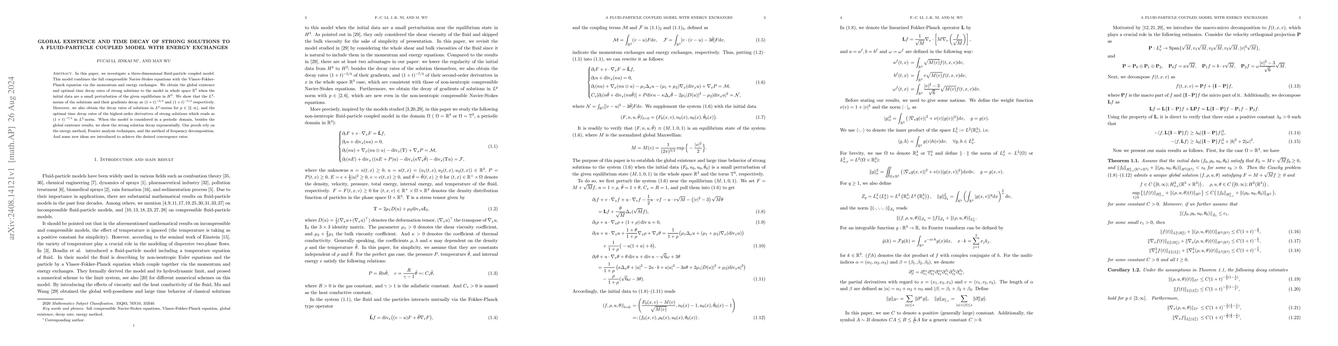 Thumbnail for Global existence and time decay of strong solutions to a fluid-particle
  coupled model with energy exchanges
