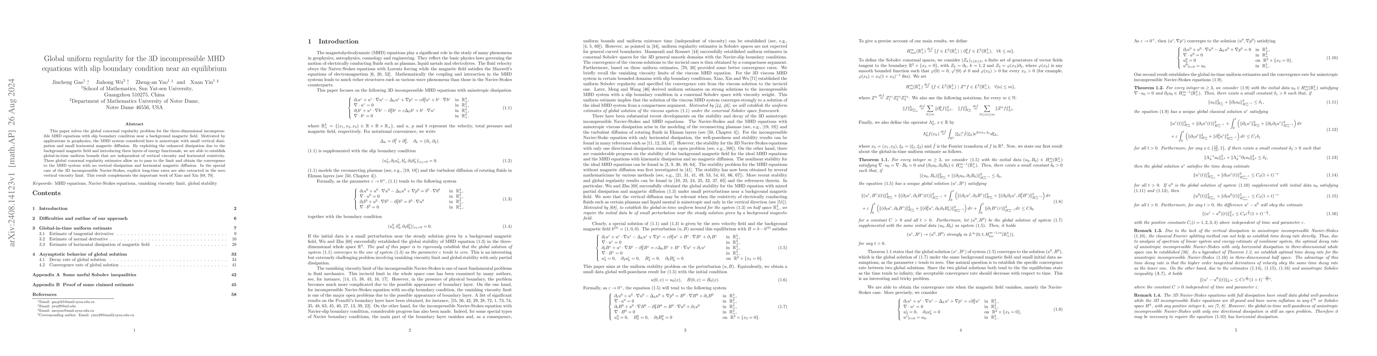 Thumbnail for Global uniform regularity for the 3D incompressible MHD equations with
  slip boundary condition near an equilibrium