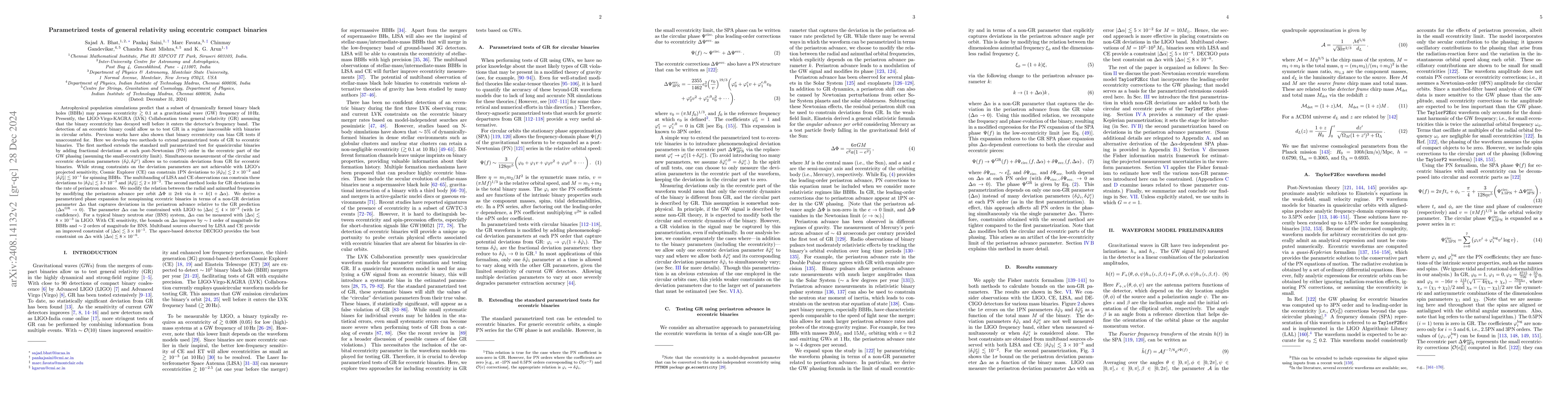 Thumbnail for Parametrized tests of general relativity using eccentric compact
  binaries