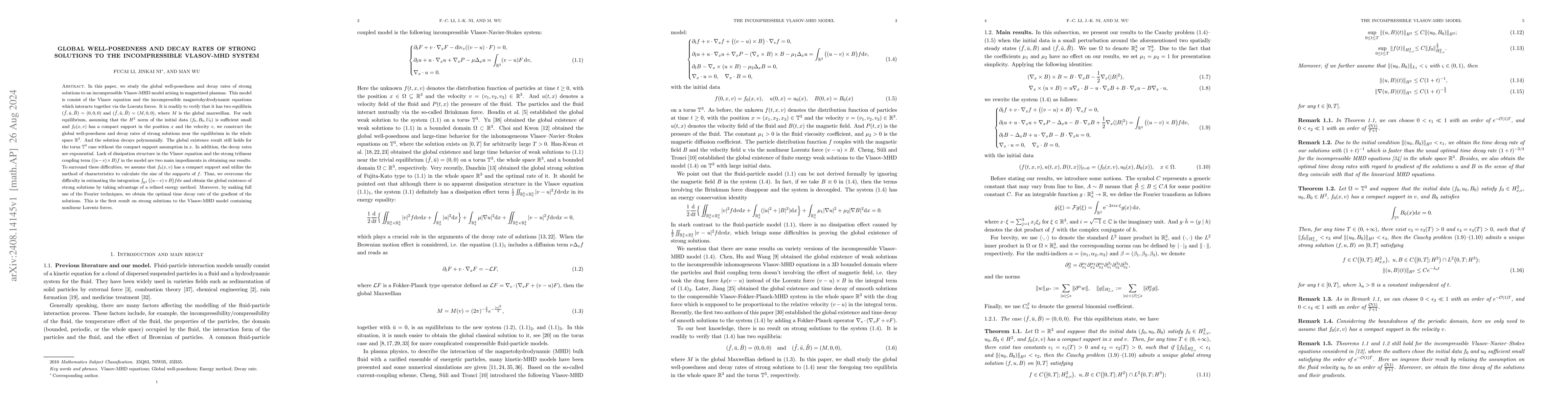Thumbnail for Global well-posedness and decay rates of strong solutions to the
  incompressible Vlasov-MHD system
