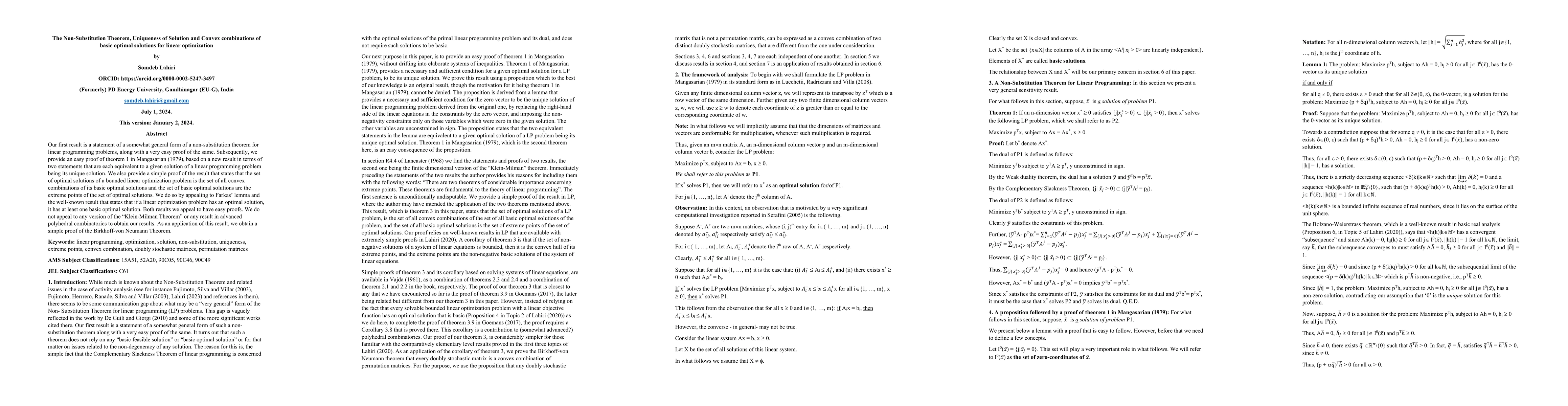 Thumbnail for The Non-Substitution Theorem, Uniqueness of Solution and Convex
  combinations of basic optimal solutions for linear optimization