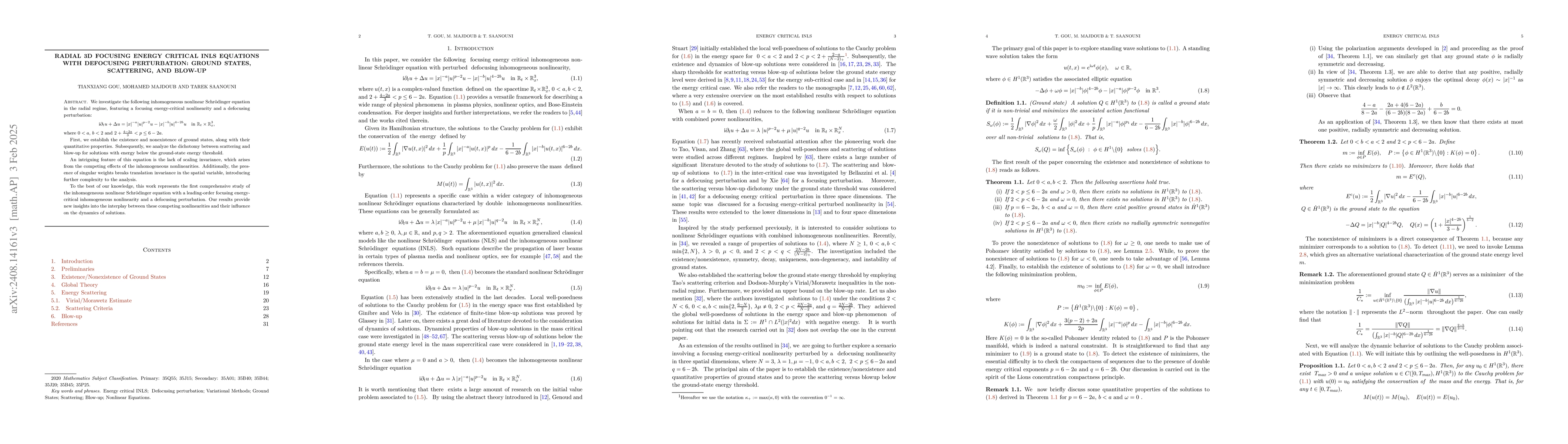 Thumbnail for Radial 3D Focusing Energy Critical INLS equations with defocusing
  perturbation: Ground states, Scattering, and Blow-up
