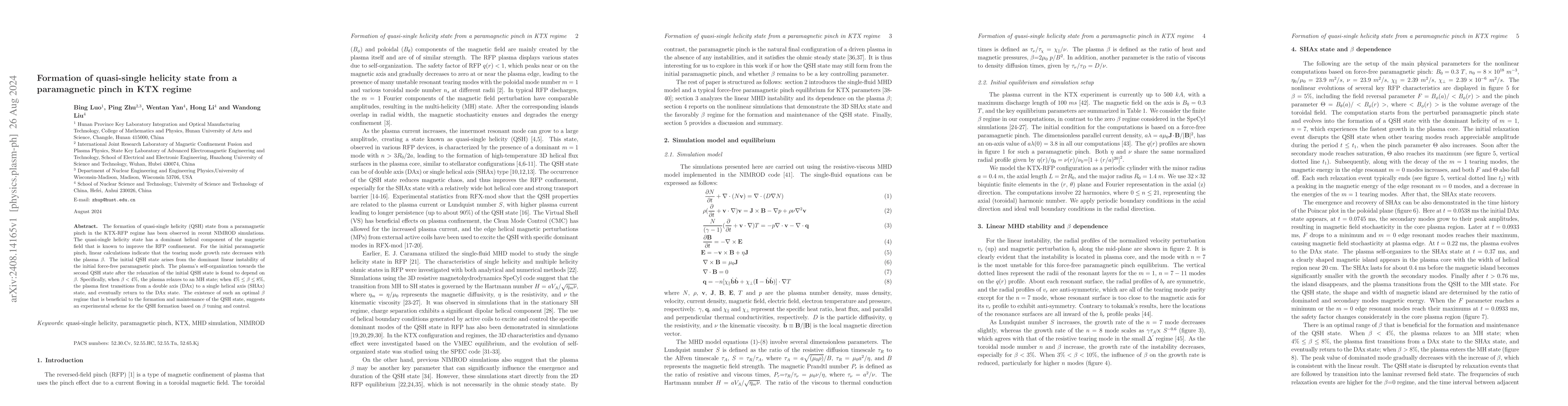 Thumbnail for Formation of quasi-single helicity state from a paramagnetic pinch in
  KTX regime