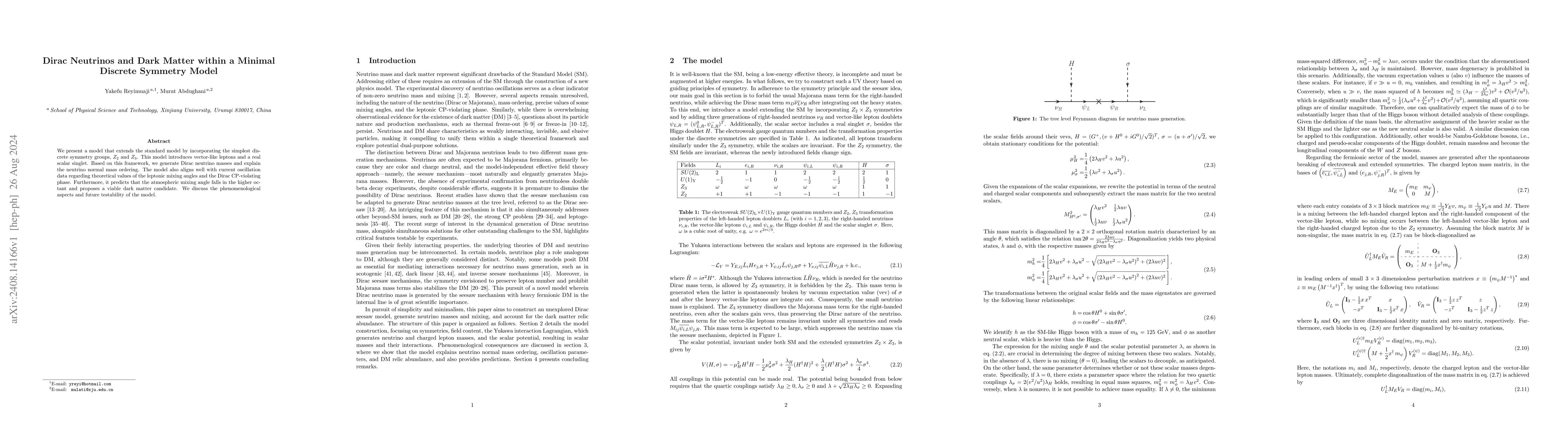 Thumbnail for Dirac Neutrinos and Dark Matter within a Minimal Discrete Symmetry Model