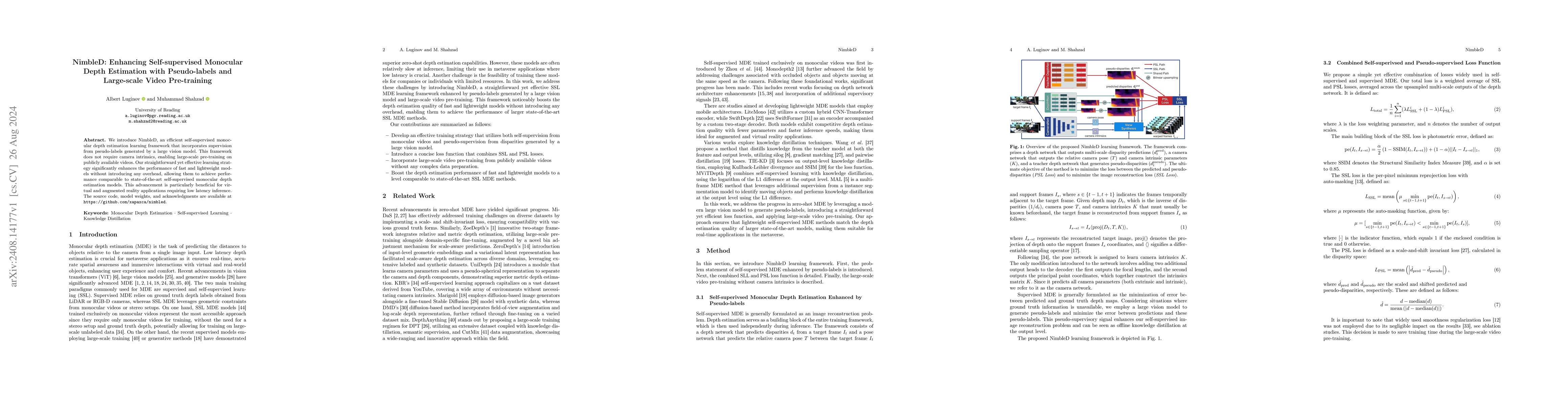 Thumbnail for NimbleD: Enhancing Self-supervised Monocular Depth Estimation with
  Pseudo-labels and Large-scale Video Pre-training
