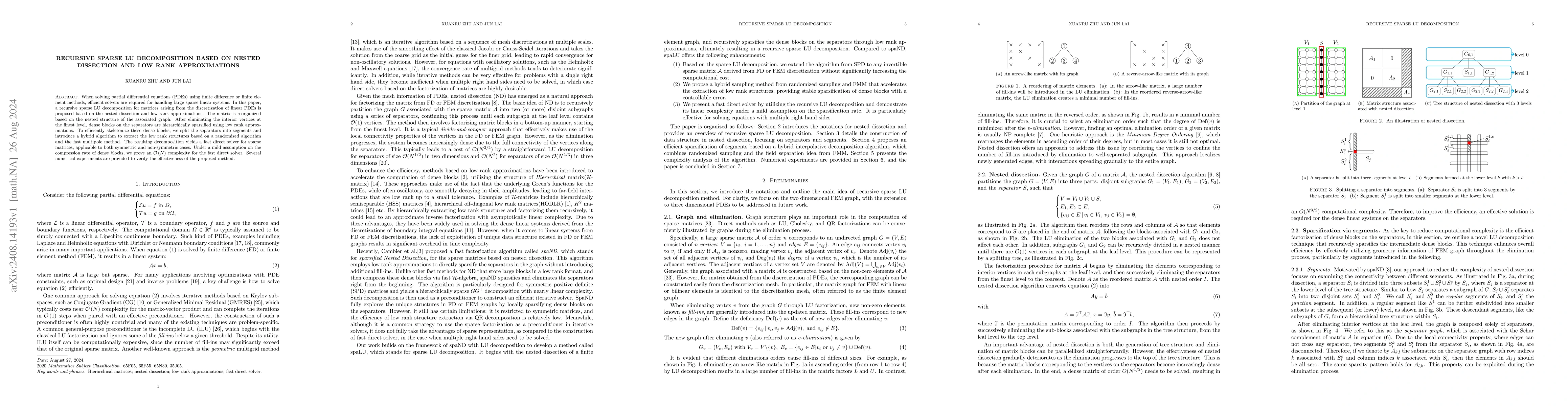 Thumbnail for Recursive sparse LU decomposition based on nested dissection and low
  rank approximations