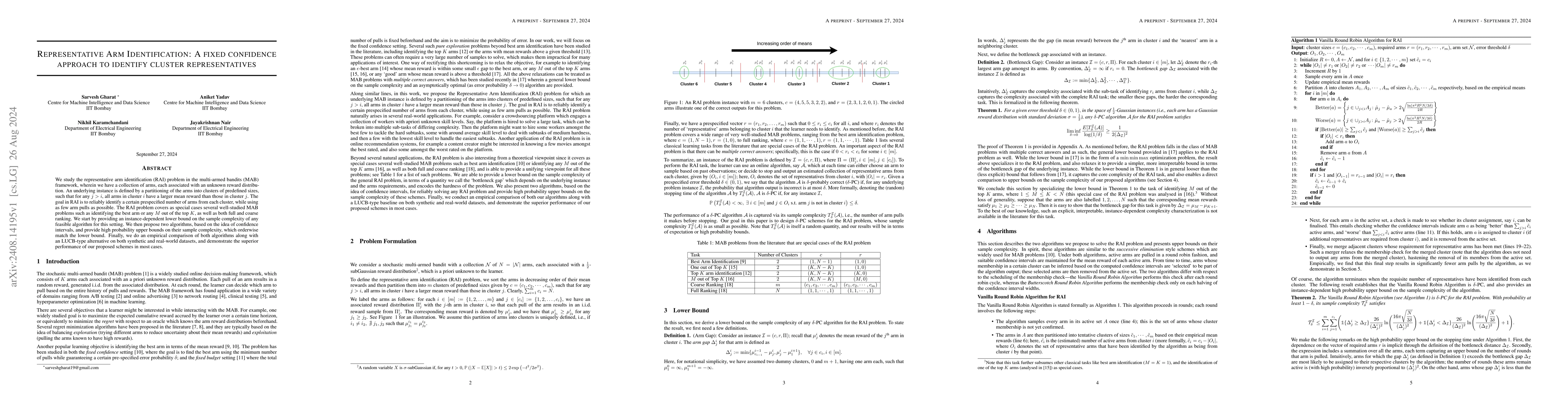 Thumbnail for Representative Arm Identification: A fixed confidence approach to
  identify cluster representatives