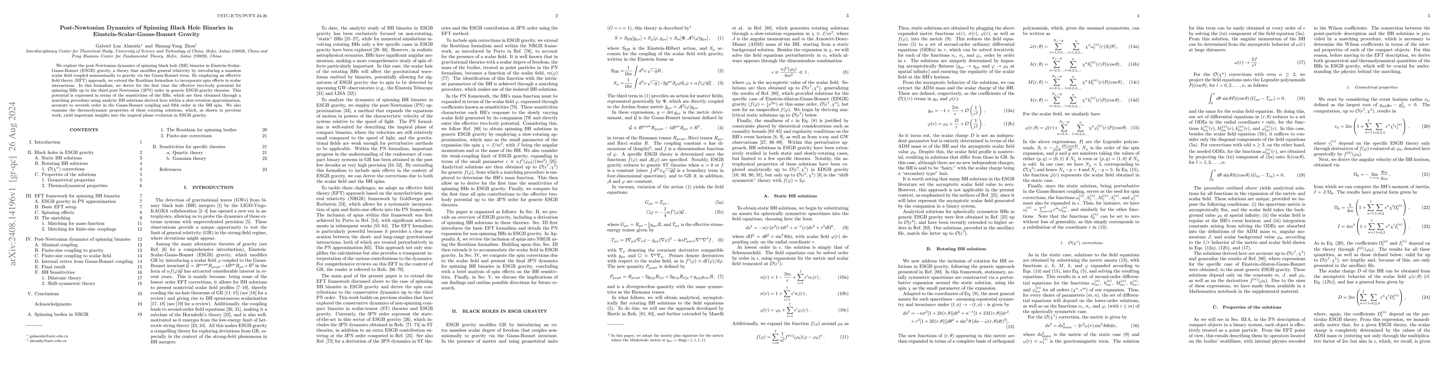 Thumbnail for Post-Newtonian Dynamics of Spinning Black Hole Binaries in
  Einstein-Scalar-Gauss-Bonnet Gravity