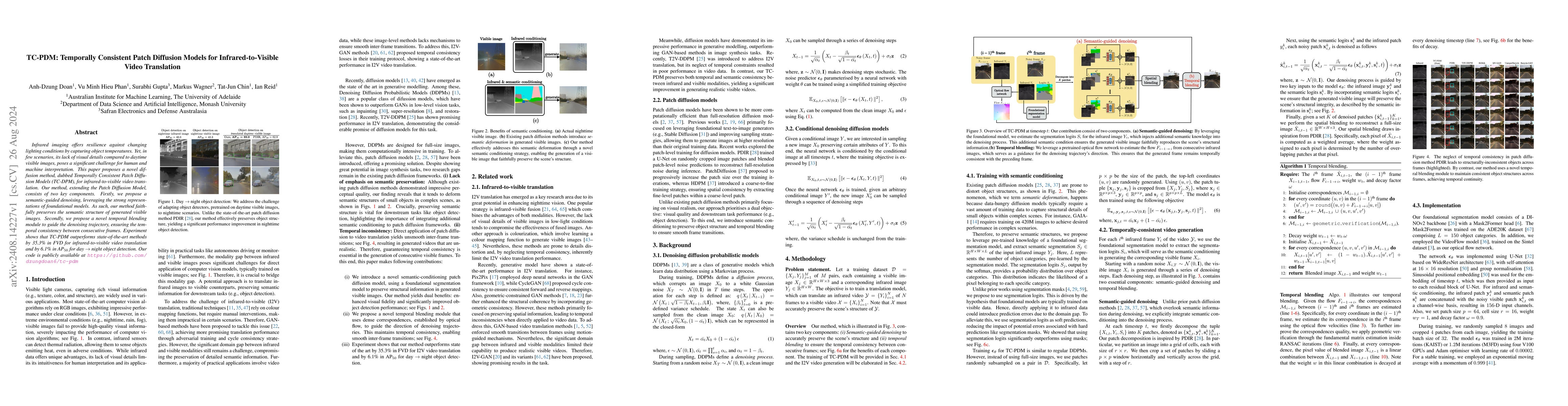 Thumbnail for TC-PDM: Temporally Consistent Patch Diffusion Models for
  Infrared-to-Visible Video Translation