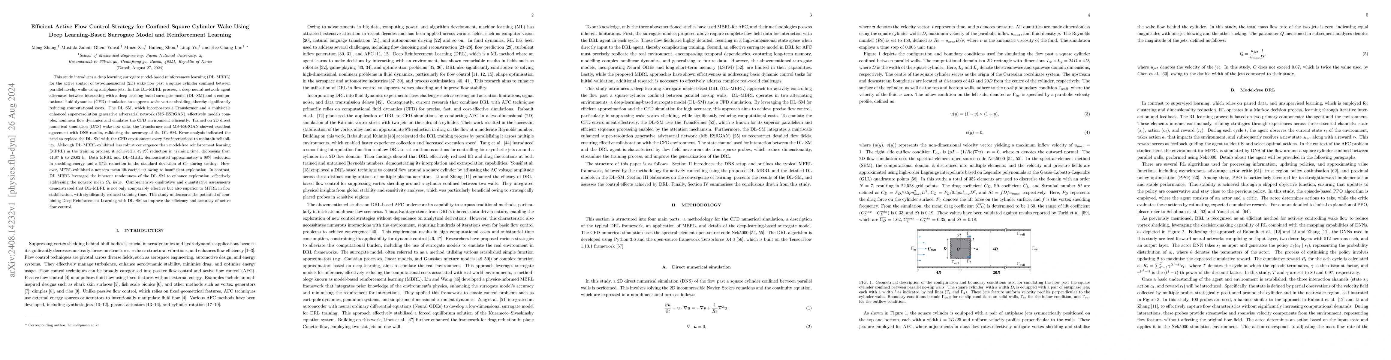 Thumbnail for Efficient Active Flow Control Strategy for Confined Square Cylinder Wake
  Using Deep Learning-Based Surrogate Model and Reinforcement Learning