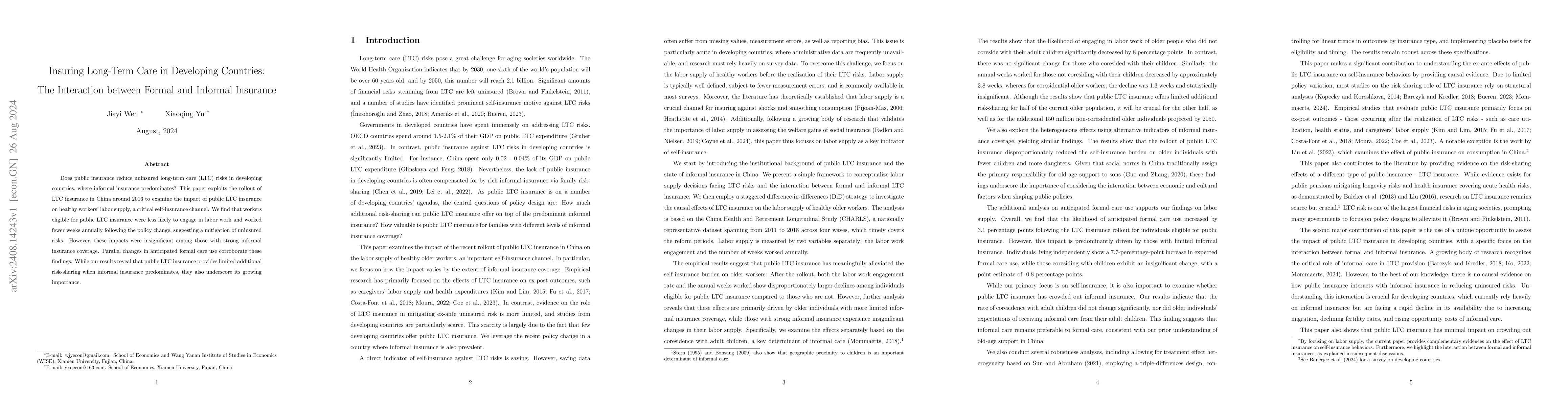 Thumbnail for Insuring Long-Term Care in Developing Countries: The Interaction between
  Formal and Informal Insurance
