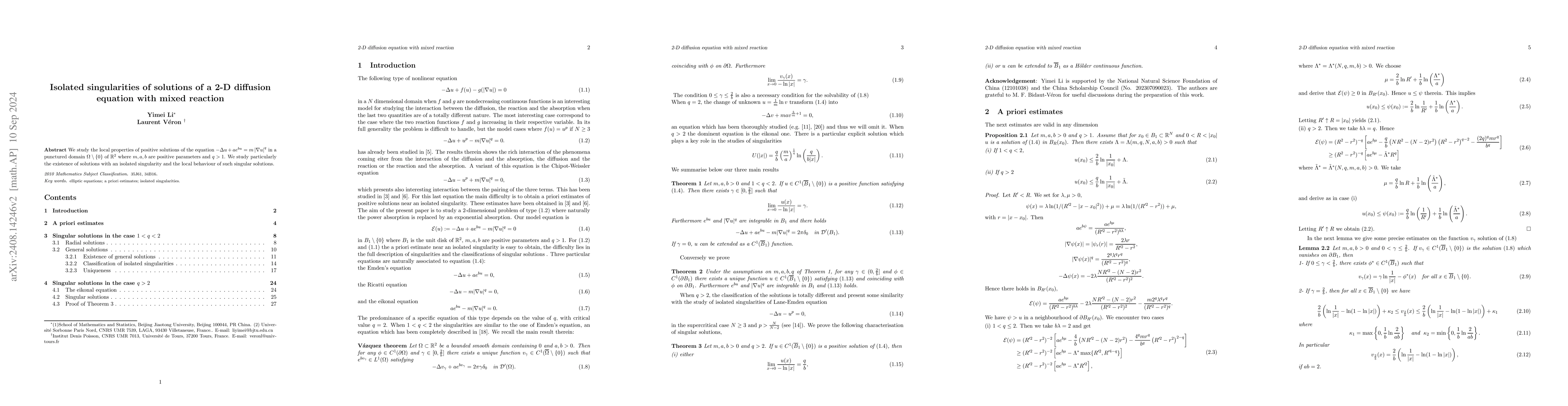 Thumbnail for Isolated singularities of solutions of a 2-D diffusion equation with
  mixed reaction