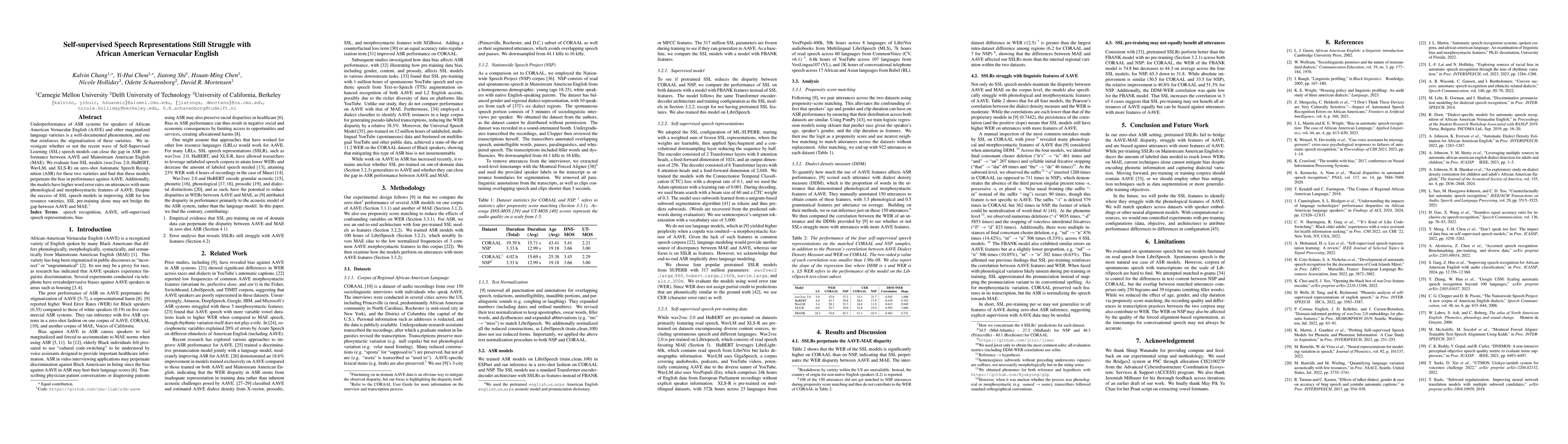 Thumbnail for Self-supervised Speech Representations Still Struggle with African
  American Vernacular English