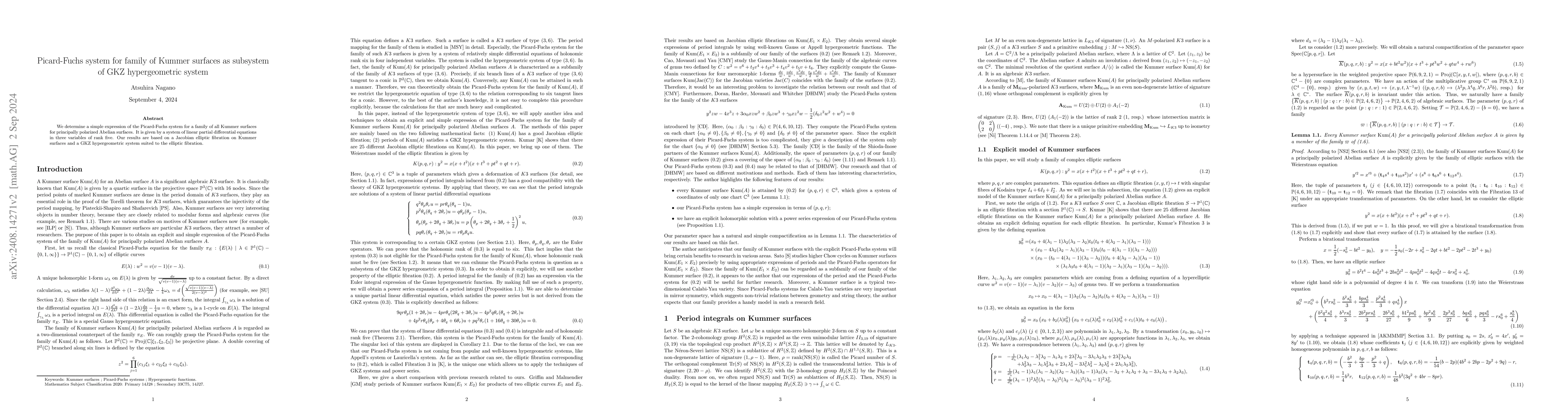 Thumbnail for Picard-Fuchs system for family of Kummer surfaces as subsystem of GKZ
  hypergeometric system