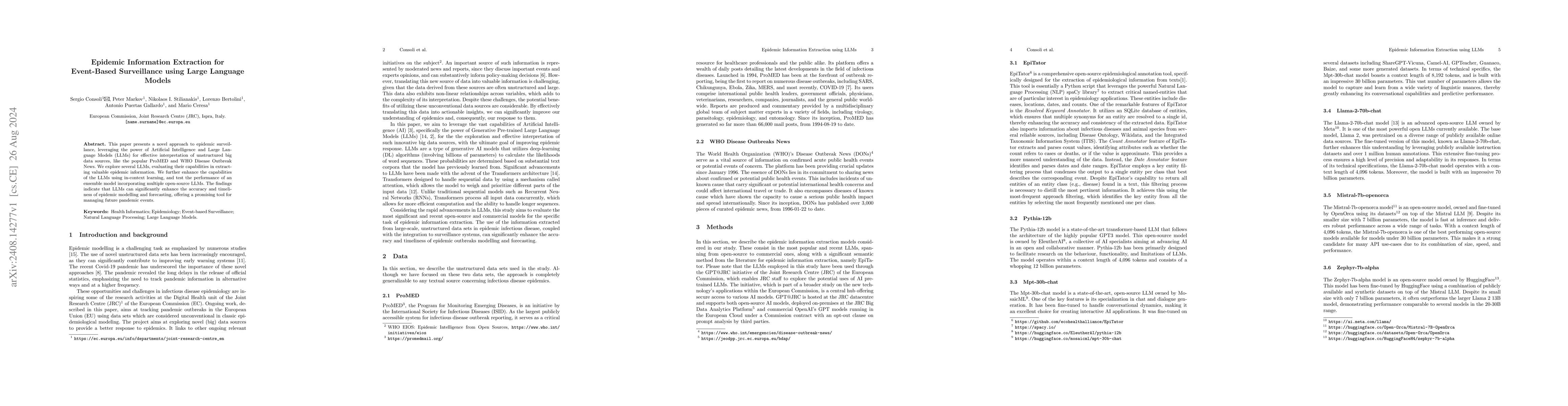 Thumbnail for Epidemic Information Extraction for Event-Based Surveillance using Large
  Language Models
