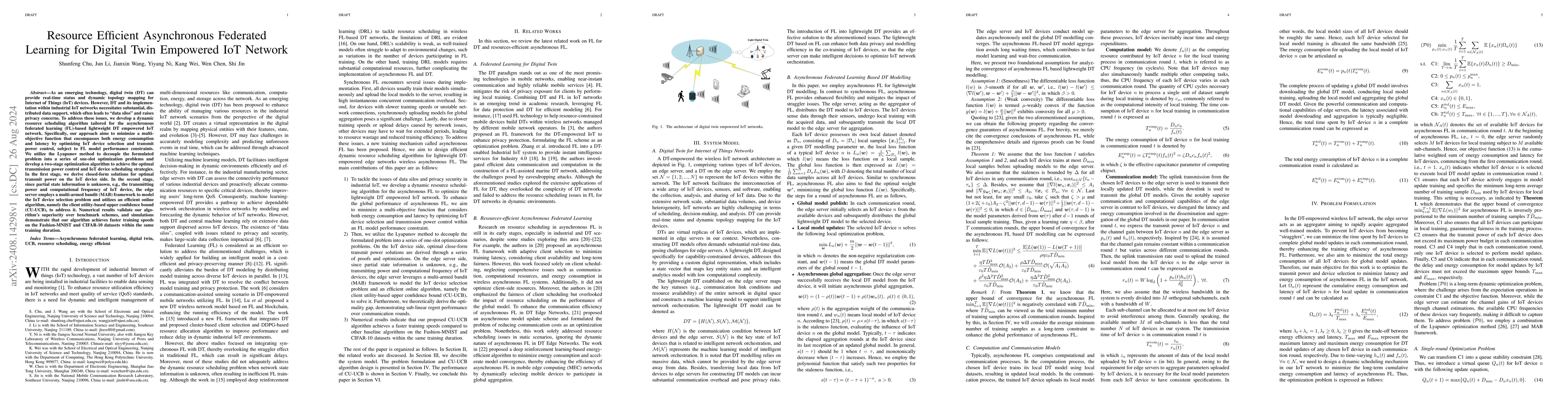 Thumbnail for Resource Efficient Asynchronous Federated Learning for Digital Twin
  Empowered IoT Network