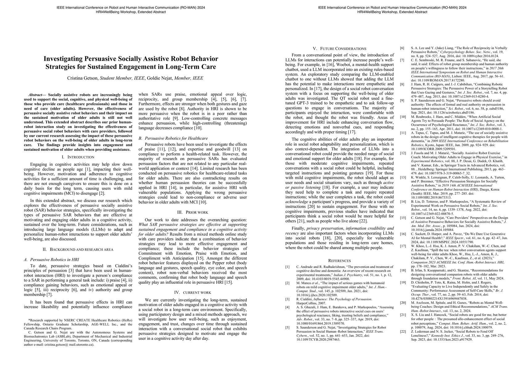 Thumbnail for Investigating Persuasive Socially Assistive Robot Behavior Strategies
  for Sustained Engagement in Long-Term Care
