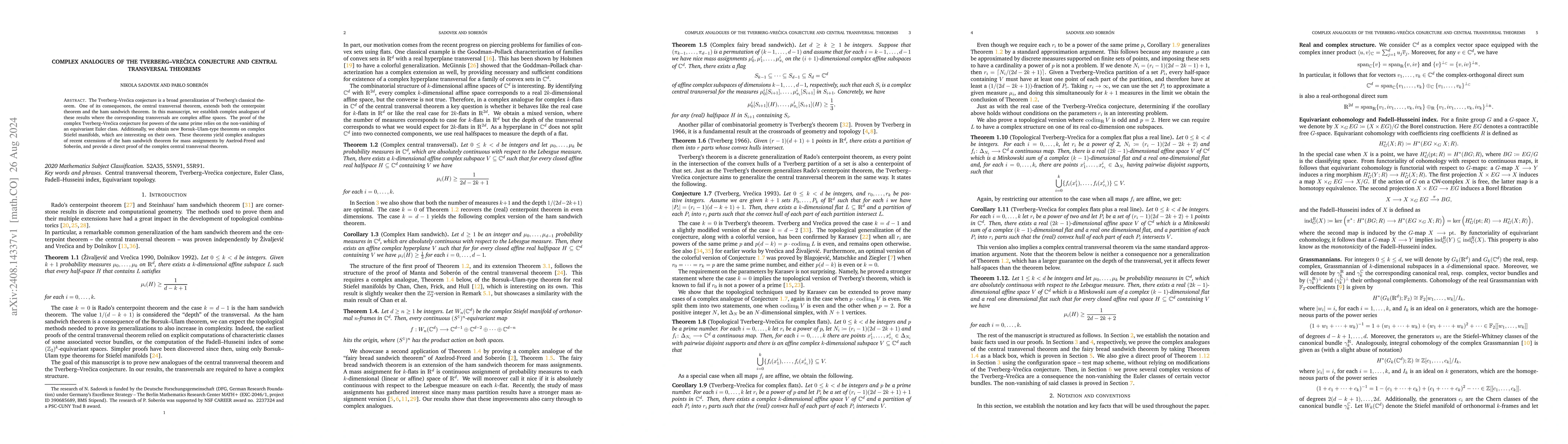 Thumbnail for Complex analogues of the Tverberg--Vrećica conjecture and central
  transversal theorems