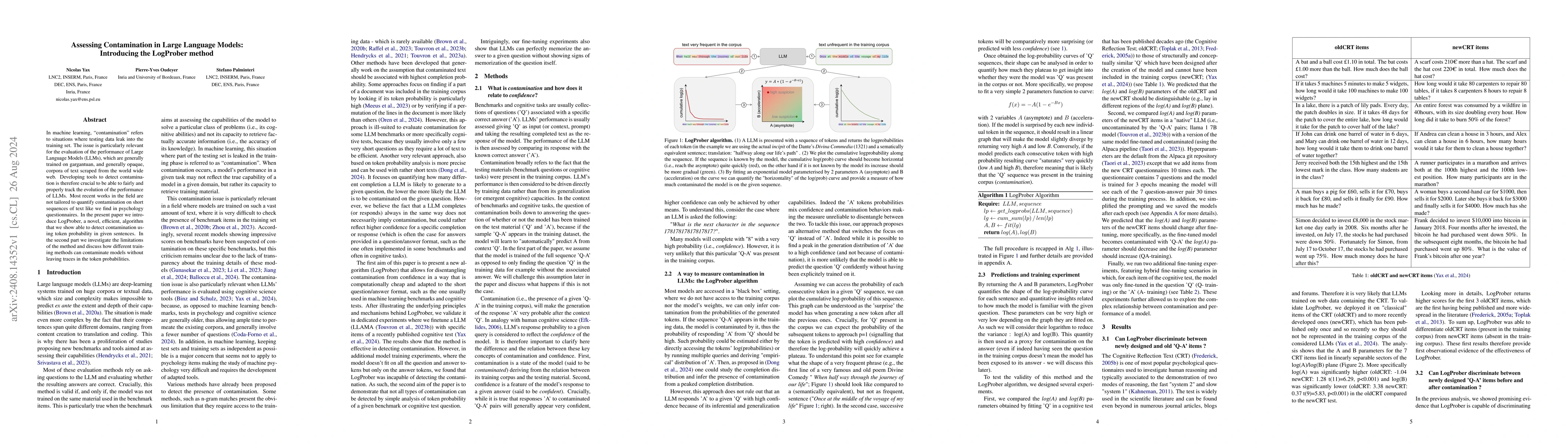 Thumbnail for Assessing Contamination in Large Language Models: Introducing the
  LogProber method