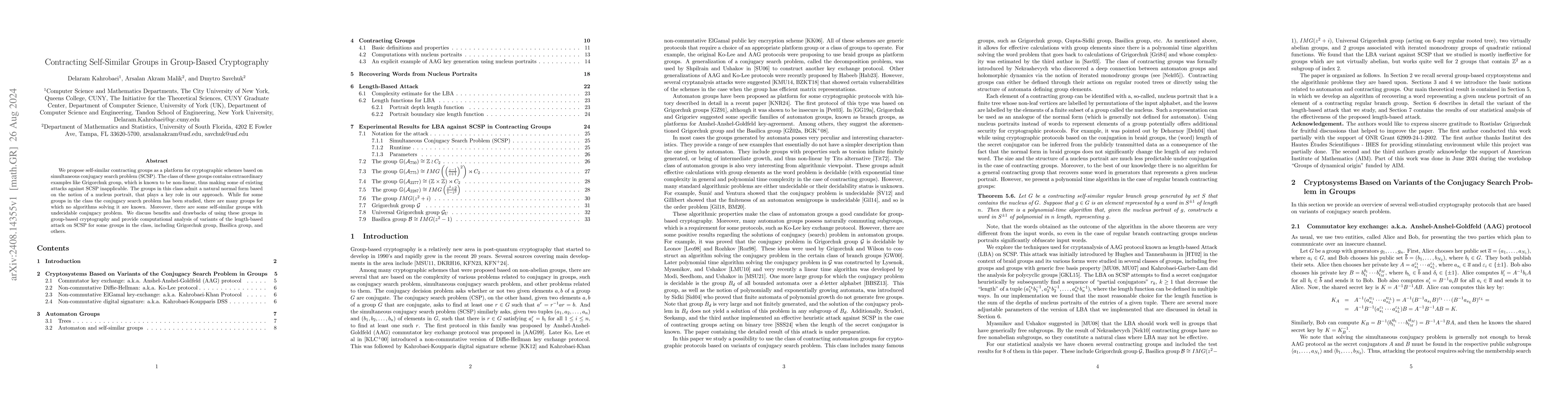 Thumbnail for Contracting Self-similar Groups in Group-Based Cryptography